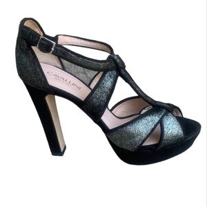 Cavallini Made In Italy Leather Iridescent Platform Peep Toe T Strap High Heels